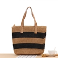 Borsa tote a righe in corda di carta intrecciata con manici in pelle marrone - Cammello