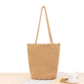 Handmade khaki woven cotton rope shoulder bag with stylish scalloped edge and tote handle - Camel