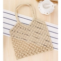 Beige hollow out paper rope woven tote bag in a natural handcrafted net design - Beige (Short Strap)