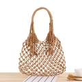 Sac de plage bohème en coton tissé main kaki avec des pompons décoratifs latéraux - Camel