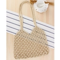 Beige hollow woven mesh tote bag in minimalist bohemian style on a light wood background - Long Handle Size: 35x55cm / Beige (Long Strap)