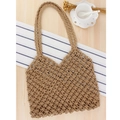 Handmade woven hollow paper rope tote bag in natural light brown for summer style - Camel (Long Strap)