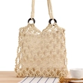 Handmade cream cotton rope crochet bag with circular wooden handles and fringe details - Beige