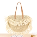 Sac en paille tressée beige avec franges et anses en cuir marron pour plage d'été - Beige