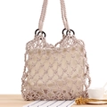 Handmade ivory cotton rope woven tote bag with wooden rings and canvas lining - Light Gray