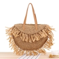 Sac à main demi-lune en paille tressée avec de longues franges et anses brunes - Camel