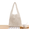 Handmade white woven mesh tote bag with cotton rope crochet and canvas lining - White