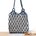 Blue hand-woven cotton rope tote bag with wooden handles and a cream fabric inner liner - Blue