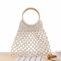 Handgefertigte creme Baumwoll-Webtasche mit natürlichen runden Holzgriffen - Weiß