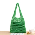 Handmade woven mesh tote bag in bright green color with matching inner pouch for women - Green