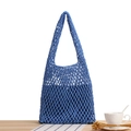 Handmade navy blue mesh knit tote bag with thick cotton threads and matching lining - Blue