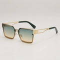 Retro square gold metal sunglasses with gradient green lenses and hollow temples - Gold Frame Green Pink Lenses