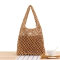 Handmade woven mesh tote bag in warm light khaki color for casual daily commuting - Camel
