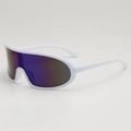Futuristic white shield cycling sunglasses with large purple wraparound lenses - White Frame Blue Mirrored Lens