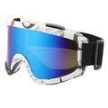 Ski goggles with blue mirrored lenses and white newspaper print frame with black strap - C4 White Newsprint Frame Blue Lens