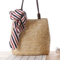 Beige woven straw shoulder bag with colorful striped scarf and dark wood bead handles - Original Color
