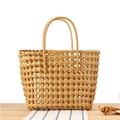 Handcrafted khaki PVC woven basket bag with durable top handles for beach and shopping - Camel