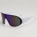 White oversized wrap sunglasses with purple polarized lens and wide temples for sports - White Frame Blue Mirrored Lens