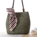 Deep green woven shoulder bag with striped scarf and wooden bead handle for summer vacation - Army Green
