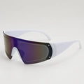 White frame sports sunglasses with purple mirrored wrap lens and silver rivet details - White Frame Blue Mirrored Lens