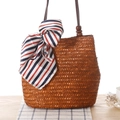 Brown woven tote bag with wooden beads handle and striped silk scarf decoration - Brown