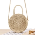 Handmade round straw beach bag in beige with dual top handles and long shoulder straps - Medium Beige (No Button)