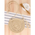 Handgefertigte beige runde Stroh-Umhängetasche mit Quasten und Webmustern - Beige Quasten-Stil