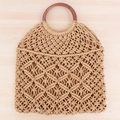 Handgefertigte kamelfarbene geflochtene Tasche mit Baumwollnetz und dunklen Holzgriffen - Camel Mit Braunem Griff