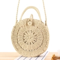 Beige round handmade paper rope woven bag with circular handles for summer beach vacations - Large Hollow Beige