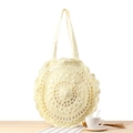 Handmade cream white hollow round paper rope woven shoulder bag with wavy floral lace edges - White