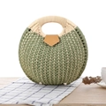 Green woven straw circular handbag with light wood handle for summer beach fashion - Army Green