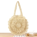 Beige hohle runde Schultertasche aus Papierseil mit feinem handgehäkeltem Wellenrand - Beige