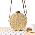 Handwoven round straw crossbody bag in natural beige with brown leather strap - Beige