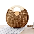 Brown round woven straw handbag with light beige circular top handle and leather trim - Dark Brown