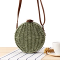 Olive green round woven crossbody bag with brown leather straps for beach holidays - Army Green