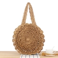 Handgefertigte runde Stroh-Schultertasche mit spiralförmiger Textur und Wellenrand - Camel