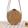 Natural round straw crossbody bag with dark brown leather strap for summer vacation - Camel