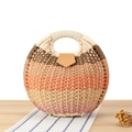 Round woven handbag featuring gradient stripes and integrated ring handles - Brown Orange Pink