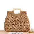 Handgewebte Strohtasche mit quadratischen Holzgriffen in Naturkhaki für den Strandurlaub - Kamelfarben (Neues Fächermuster)