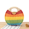 Rainbow striped round straw handbag with circular handles and leather buckle closure - Red Yellow Blue