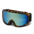 Leopard print ski goggles with blue mirrored lens and adjustable black elastic strap - C17 Leopard Print Frame Gold Lens