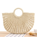 Handwoven semi-circle paper rope tote bag in natural beige with round top handle - Beige Hollow Out
