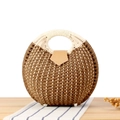 Two-tone dark brown and cream round straw handbag with leather buckle and metal feet - Dark Brown (Upgraded Handle)