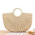 Beige semi-circular woven paper rope beach bag with round handles and fabric lining - Beige With Lining