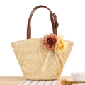 Beige straw tote bag with fabric roses, pearl pendant, and brown bow handle - Natural Straw Color