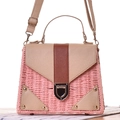Pink straw woven handbag with beige leather flap and adjustable long shoulder strap - Pink
