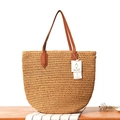 Handgewebte Stroh-Shopper-Tasche mit braunen Lederriemen in hellbrauner Natur-Papierseil-Optik - Hellbraun