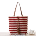 Red and white striped crochet tote bag with brown leather handles and tassel detail - Red