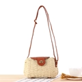 Straw woven crossbody bag in beige with brown leather flap and golden twist lock - Beige