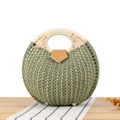 Forest green woven shell handbag with white round handles and brown leather accent - Army Green (Upgraded Handle)